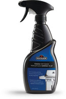 A black spray bottle of Napoleon Grill Cleaner for Exterior (62044) by Napoleon Grills, with a blue and black label and an image of a stainless steel grill—perfect for powerful grill exterior cleaning.