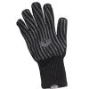The Napoleon Heat Resistant BBQ Glove (62145) by Napoleon Grills is black with gray vertical stripes and a white logo on the palm, shown with the palm facing upward.