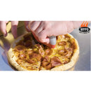 A hand uses the WPPO Pizza Cutter With Removable Safety Shield by WPPO LLC Direct, featuring a precision-engineered stainless steel blade, to slice a cooked pepperoni and cheese pizza on a metal surface. The WPPO Get Fired Up logo is visible in the top right corner.