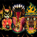Three vivid, fiery designs—a flaming demon with a pepper, a burning-tongue mouth, and an Aztec face—capture the intense heat of Harmacy Hot Sauce Co. Extra Hot Variety Pack