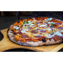 A hot, artisanal pizza topped with pepperoni, onions, and cheese rests on the WPPO 16" x 36" Long Handled Wooden Pizza Peel from WPPO LLC Direct. The golden, slightly charred crust highlights the craftsmanship captured with this premium long-handled wooden peel—available in a convenient 2 pack.