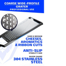 The Dalstrong Professional Coarse Wide Cheese Grater with G10 Handle features 304 stainless steel and an anti-slip stability bar, ideal for hard and medium cheeses, aromatics, and ribbon cuts. Designed for professional use.
