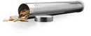 A Napoleon Grills Stainless Steel Smoker Pipe (67011) with perforations lies on its side, dried root slices spilling out. A metal cap rests nearby on a white surface—ideal for infusing wood-fired flavor into your grill.