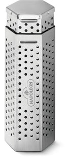 The Napoleon Travel Smoker Tube (67075) by Napoleon Grills is a hexagonal stainless steel smoker tube with perforated holes and a front Napoleon logo, designed to infuse grilled foods with rich smoky flavor.