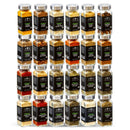 The Spice Lab Ultimate Organic Spice Set by The Spice Lab features 24 neatly stacked glass jars, each labeled with the spice name and filled with a vibrant selection of colorful spices and herbs. Arranged in an organized display, these jars are perfect for any kitchen. This set also includes USDA Certified Organic selections, ensuring premium-quality ingredients for your culinary creations.