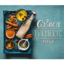A tray featuring turmeric roots, powder, honey, spices, a mortar and pestle, and a bottle of milk is displayed on a blue background. Text reads: The Spice Lab Golden Milk Turmeric Tea Superfood Premium Powder 4 oz. Perfect for crafting nourishing golden milk turmeric tea using your favorite turmeric spice blend or superfood powder from The Spice Lab.