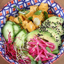 A colorful bowl filled with sliced avocado topped with black and white sesame seeds, cubed tofu, sliced cucumber, radish strips, green onions, and sprouts—all generously sprinkled with The Spice Lab Slow Burn Seasoning by The Spice Lab for an extra savory kick—served in a patterned bowl.