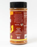 The Chiles and Smoke Scorching Sun Sweet Heat Rub comes in a container with bold text highlighting its fiery Southwest chile flavor and versatile use on chicken, pork, seafood, and vegetables. The label promotes it as a spicy BBQ rub—ideal for adding zest to your favorite dishes—and includes nutritional facts alongside a cactus icon. A see-through section lets you view the vibrant seasoning inside.