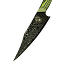 The Spaceman Knives Gravity Series Utility Knife features a Damascus-pattern AUS-10 steel blade and a textured green and black handle, shown close-up against a white background.