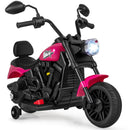 A pink and black kids ride-on toy motorcycle complements the 5 Pieces Patio Rattan Furniture with 2 Ottomans and Tempered Glass Coffee Table-Red by DirectDeals, perfect for any outdoor conversation area.