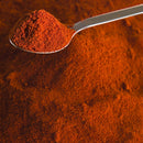 A metal spoon filled with The Spice Lab Organic Chili Powder Blend rests above a generous mound of the loose, vibrant reddish-orange blend—an eye-catching staple from The Spice Lab, often featured in classic Tex-Mex seasoning mixes.