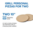 Two round pizza stones from Napoleon Grills are stacked on a white background. Blue text reads "Grill Personal Pizzas for Two" and highlights the Napoleon 10 Inch Personal Sized Pizza/Baking Stone Set (70000) for crisp homemade pizza on portable grills.