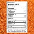 Nutrition facts label for The Spice Lab Best of the Bay Seasoning, showing zero calories, fat, and sugar, with an ingredients list below; background displays a close-up of the vibrant orange-red blend from The Spice Lab, highlighting its smoked paprika-forward coastal flavor.