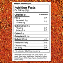 A nutrition label for The Spice Lab Blackened Seasoning by The Spice Lab indicates zero calories per 1/4 teaspoon serving, with no fat, protein, or sugars. Inspired by traditional Cajun spices and New Orleans-style flavor, the ingredients include salt, paprika, chili, onion, pepper, garlic, oregano, and spices.