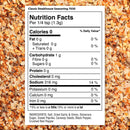 A nutrition label for The Spice Lab Classic Steakhouse Steak Seasoning appears against a background of spices. The label displays 0 calories, 316mg of sodium, and ingredients such as salt, dried garlic, onion, paprika, seeds, and red pepper—making this blend by The Spice Lab ideal for elevating your favorite cuts of beef.
