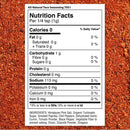 Nutrition facts label for The Spice Lab All-Natural Taco Seasoning by The Spice Lab on a red spice background, highlighting zero calories, low sodium, and an ingredient list featuring Himalayan pink salt, paprika, pepper, garlic, cumin, tomato, onion, chipotle powder for smoky flavor, and oregano.