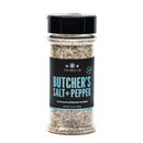 A clear spice jar labeled with a black label featuring blue and white text contains The Spice Lab Butcher’s Salt & Pepper Blend, a versatile grilling seasoning. Net weight: 5.9 oz (167g).