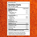 Nutrition facts label for The Spice Lab Sweet Rib Rub, a low sodium BBQ rub by The Spice Lab; contains 0 calories per 1/4 tsp. Ingredients and nutritional values are listed. Background features an orange-brown spice blend, ideal for those shopping bulk BBQ spices.