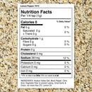 Nutrition facts label for The Spice Lab Lemon Pepper Seasoning by The Spice Lab, a zesty citrus pepper blend, displaying serving size, calorie information, nutrients, and ingredient list. The background features a close-up view of the coarse Lemon Pepper Seasoning.