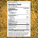 Nutrition facts label for The Spice Lab Adobo Seasoning, a classic all-purpose blend by The Spice Lab known for its bold Latin-inspired flavor, is displayed on a backdrop of mixed dried herbs and spices. The label details serving size, calorie count, nutritional information, and includes a list of ingredients below.
