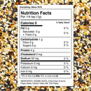 Nutrition facts label for The Spice Lab Everything and More Seasoning, an all-purpose blend inspired by everything bagel seasoning from The Spice Lab, showing 0 calories per 1/4 tsp (1g) serving. Ingredients: sesame seeds, savory garlic and onion, poppy seeds, salt, chili flakes. Background displays the mixed seasoning.
