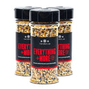 Three jars of The Spice Lab Everything and More Seasoning, with sleek black labels and bold red text, are placed side by side against a white background. This savory blend, crafted by The Spice Lab, combines garlic and onion flavors for an all-purpose seasoning that brings everything bagel taste to any dish.
