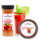 A glass of Bloody Mary with celery, lime, and a spiced rim sits between two containers labeled The Spice Lab Bloody Mary Salt Cocktail Rimmer—one tall jar and one round tin from The Spice Lab—showcasing the ideal cocktail rimmer to elevate your savory cocktail experience.