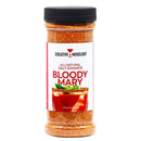 A container of The Spice Lab Bloody Mary Salt Cocktail Rimmer, featuring a clear plastic bottle with a black lid and a label depicting a savory Bloody Mary cocktail with a salted rim and garnishes. This premium rimming salt by The Spice Lab is the perfect way to elevate your drink presentation.