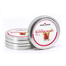 Three round metal tins labeled The Spice Lab Bloody Mary Salt Cocktail Rimmer by The Spice Lab. The front tin showcases a Bloody Mary cocktail image, emphasizing this flavorful salt as the ideal finishing touch for crafting the perfect savory Bloody Mary; two additional tins are stacked behind it.