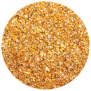 Close-up view of The Spice Lab Fajita Seasoning, featuring a mix of golden and orange coarse granules that resemble a Tex-Mex flavored salt blend, displayed within a circular frame on a white background.