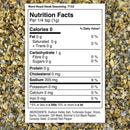 A close-up of The Spice Lab Mont Royal Steak Seasoning by The Spice Lab, featuring its nutrition facts label, ingredient list, and a vibrant background displaying the colorful seasoning mix with visible herbs and spices—ideal for anyone seeking authentic Montreal-style flavor in their favorite steak seasoning.