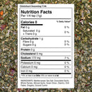 Close-up of The Spice Lab Chimichurri Seasoning by The Spice Lab, featuring the nutrition facts label and ingredients list, which includes sea salt, spices, garlic, parsley, onion, cilantro, and oregano. Each 1/4 tsp (1g) serving contains 0 calories and 172mg sodium.