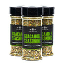Three clear plastic bottles of The Spice Lab Guacamole Seasoning, each topped with a black lid, are lined up side by side. Their black labels feature bold green text and showcase the blend of herbs and spices inside, making this seasoning from The Spice Lab a keto-friendly way to add vibrant flavor to avocado toast or your favorite dishes.