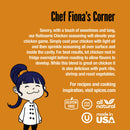 The Spice Lab Rotisserie Chicken Seasoning info card showcases a cartoon chef, details about the seasoning’s mouthwatering roasted chicken flavor, and prominent icons for gluten free, non-GMO, all natural, kosher, and made in USA—set against an orange background that captures the golden hue of perfectly seasoned chicken.
