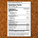 Over a golden-brown blend of spices, The Spice Lab Rotisserie Chicken Seasoning nutrition label highlights 0 calories, 0g fat, 0g carbs, 0g protein, and 185mg sodium per 1/4 tsp. Enjoy the rich roasted chicken flavor and check out the ingredients listed below.