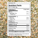 Nutrition label for The Spice Lab Three Onion Blend is displayed on a background of dried onions. It highlights the savory onion flavor of this seasoning, with 0 calories per 1/4 tsp, 109mg sodium, and ingredients including toasted minced onion, salt, granulated onion, and minced green onion. Perfect as an onion dip seasoning or for adding rich depth to your favorite recipes.