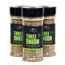 Three bottles of The Spice Lab Three Onion Blend, each containing 3.8 oz of this all-purpose seasoning, stand upright against a white background. Ideal for enhancing your dishes with savory onion flavor, this blend from The Spice Lab also makes an excellent onion dip seasoning.