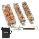 The Braize 3-Piece Stainless Steel Kabob Grilling Basket Set with Removable Handle includes three baskets and a black Braize carrying bag—an essential kabob grilling accessory for your collection.