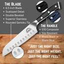 A SpitJack 6.5″ Santoku Chef’s Knife by SpitJack, featuring a durable stainless steel double bevel blade with scalloped edges, rests on a wooden surface next to text that highlights its versatile 6.5-inch size, balanced design, and black slip-resistant G10 composite handle—the ideal all-purpose kitchen knife for any culinary task.