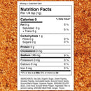 Nutrition facts label for The Spice Lab Shrimp + Crab Boil Seasoning by The Spice Lab, displayed on a backdrop of vibrant orange-red spices; features include zero calories, zero fat, zero carbs, and zero protein, along with a list of natural ingredients. This medium heat seasoning blend is ideal for infusing bold flavor into your favorite shellfish recipes.