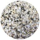 A close-up of The Spice Lab Salt, Pepper + Garlic Seasoning—a versatile blend from The Spice Lab, featuring coarse salt mixed with black pepper and yellow garlic—displayed in a circular frame on a white background.