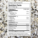 Nutrition label for The Spice Lab Salt, Pepper + Garlic Seasoning by The Spice Lab displayed on a background of the spice mix. The label highlights calories, nutrients, sodium content, and ingredients: salt, black pepper, garlic, and vegetable fiber. Ideal as an everyday cooking seasoning or your go-to BBQ grilling blend.