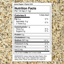 Nutrition label for The Spice Lab Lemon Pepper + Thyme Seasoning, a zesty citrus herb blend from The Spice Lab, displaying 0 calories and 297 mg sodium per 1/4 tsp serving, with ingredients listed at the bottom against a backdrop of finely ground seasoning mix.