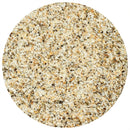A close-up view of a circular pile of The Spice Lab Lemon Pepper + Thyme Seasoning, featuring a vibrant blend with coarse salt, pepper, and various dried herbs and spices.