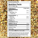 Nutrition facts label for The Spice Lab Pizza Dust Seasoning over a background of mixed spices, highlighting its pizza-inspired flavor with zero calories, no fat, and 168 mg sodium per 1/4 tsp serving; ingredients for this savory seasoning blend by The Spice Lab are listed below the nutrition table.