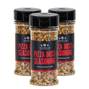 Three clear plastic jars of The Spice Lab Pizza Dust Seasoning, each topped with a black lid, are grouped together. The jars feature black labels with bold red and white text highlighting the pizza-inspired flavor of this savory blend from The Spice Lab.