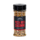 A clear plastic spice jar labeled “The Spice Lab Pizza Dust Seasoning” with a black lid. The jar holds a colorful blend of herbs and spices, capturing savory, authentic pizza-inspired flavor. The label features the brand name “The Spice Lab” and product details in red and white text against a black background.