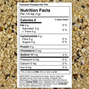 Nutrition facts label for The Spice Lab Polynesian Pineapple Rub displayed over a background of its vibrant coarse spice blend. This tropical seasoning from The Spice Lab showcases key ingredients and nutritional information, featuring calorie details and allergen warnings for soybeans and sesame seeds—an ideal choice to add a sweet and savory BBQ flair to your favorite dishes.