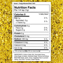 Nutrition facts label for The Spice Lab Sweet + Tangy Mustard Rub over a yellow spice mix. The label shows 0 calories, fat, carbs, and protein, and lists ingredients like honey, mustard, and paprika—just what you’d expect from a classic honey mustard spice blend by The Spice Lab.