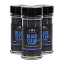 Three jars of The Spice Lab Black Steak Seasoning, each topped with a black lid and featuring a black label, are displayed together. Each jar contains 5.9 oz (167g) of seasoning specifically crafted for beef and steak. This unique blend by The Spice Lab delivers a savory steakhouse flavor, highlighted by activated charcoal that gives both a distinctive taste and appearance.